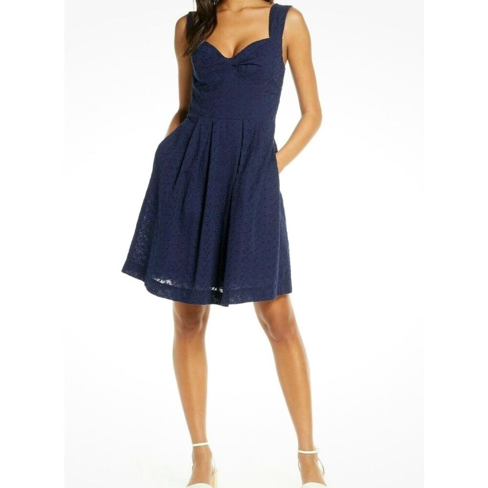 Lilly Pulitzer Cyndi Eyelet Sweetheart fit & flare cotton navy dress size 0